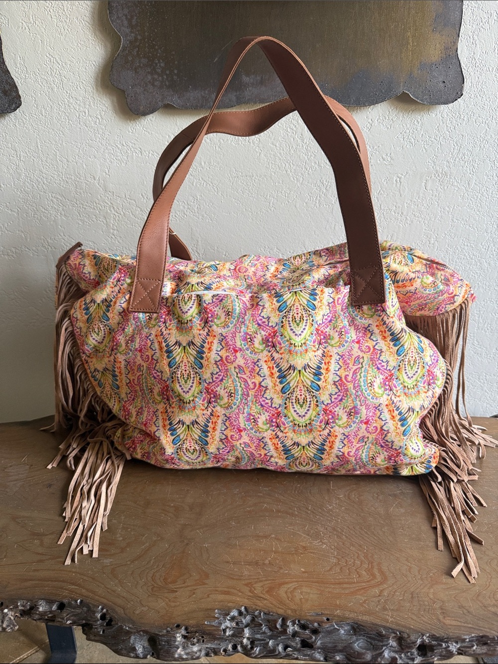Pilyq Multicolor Paisley Fringe Tote with Brown Straps